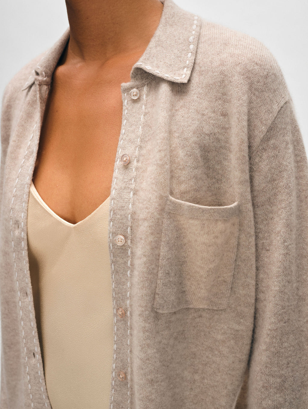 Cashmere Embroidered Trim Button Down Shirt