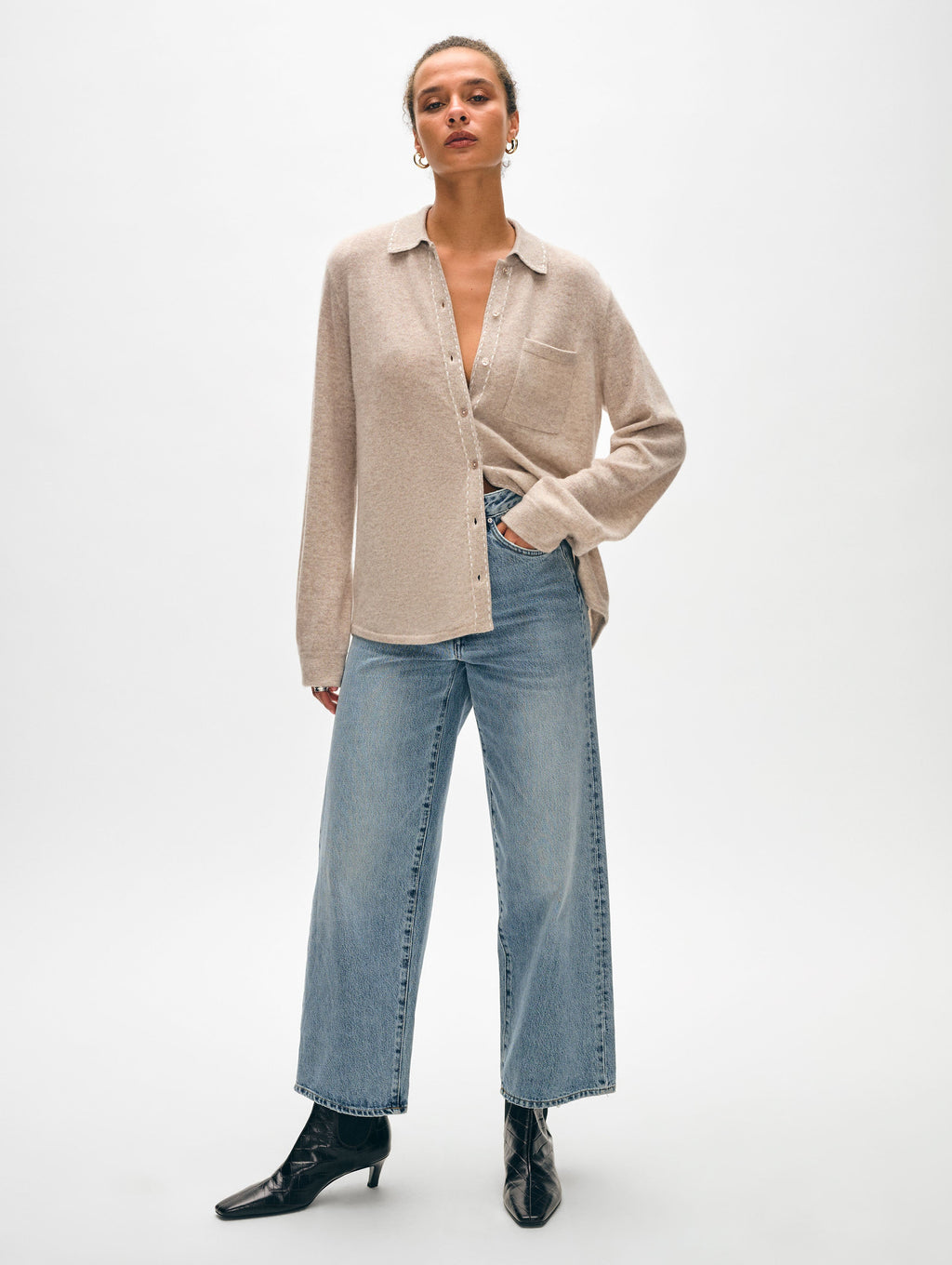 Cashmere Embroidered Trim Button Down Shirt