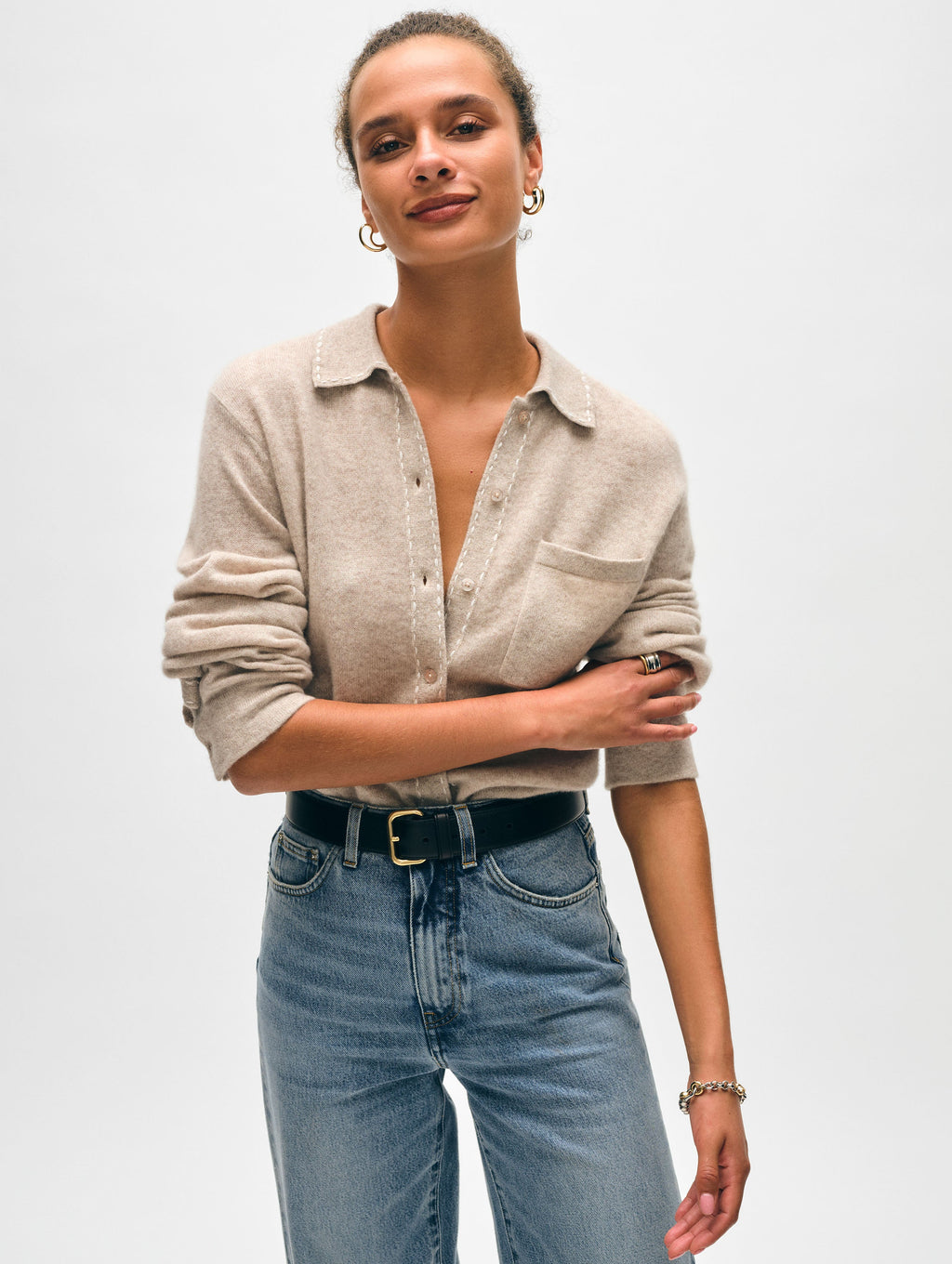Cashmere Embroidered Trim Button Down Shirt
