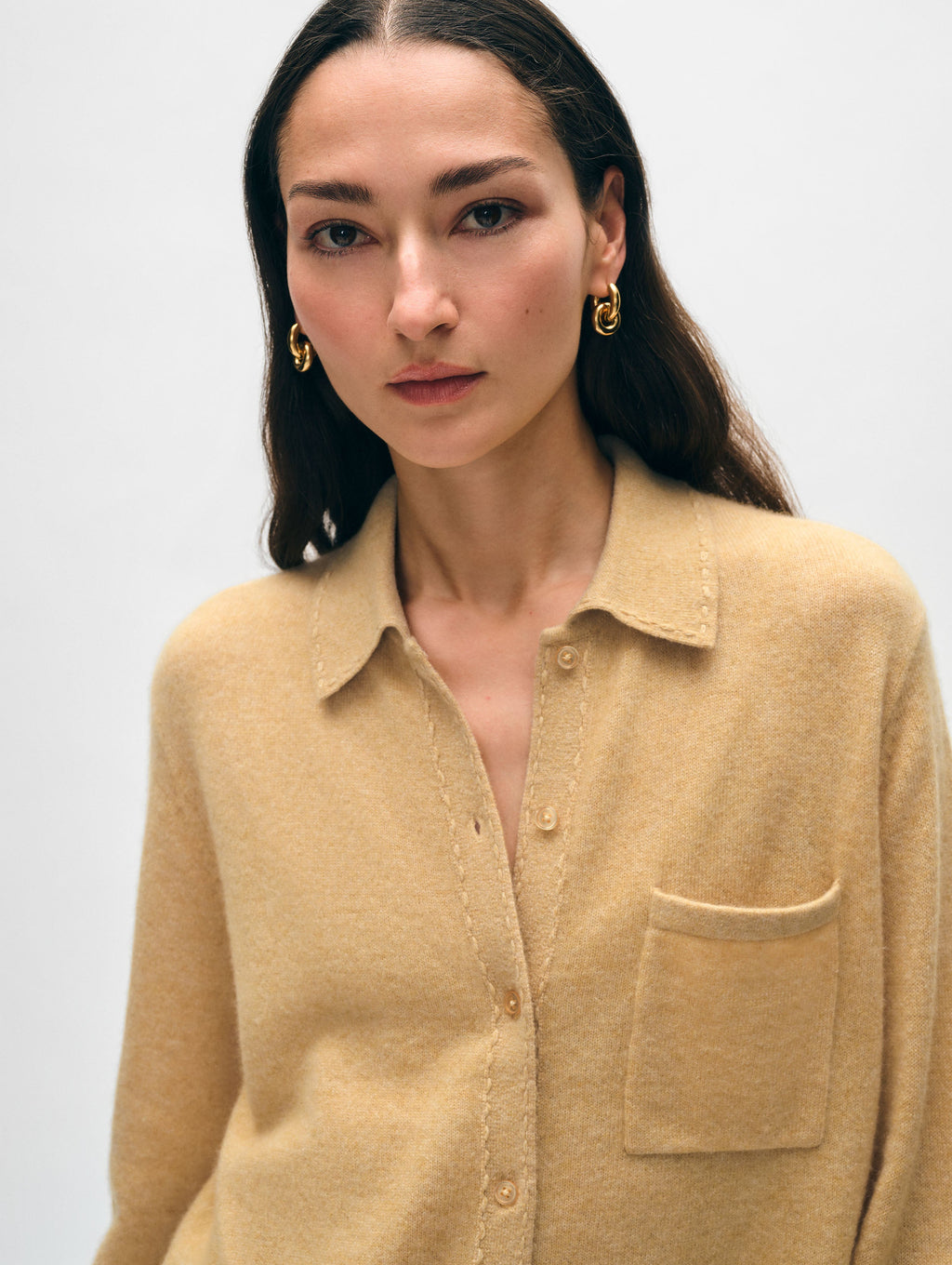 Cashmere Embroidered Trim Button Down Shirt