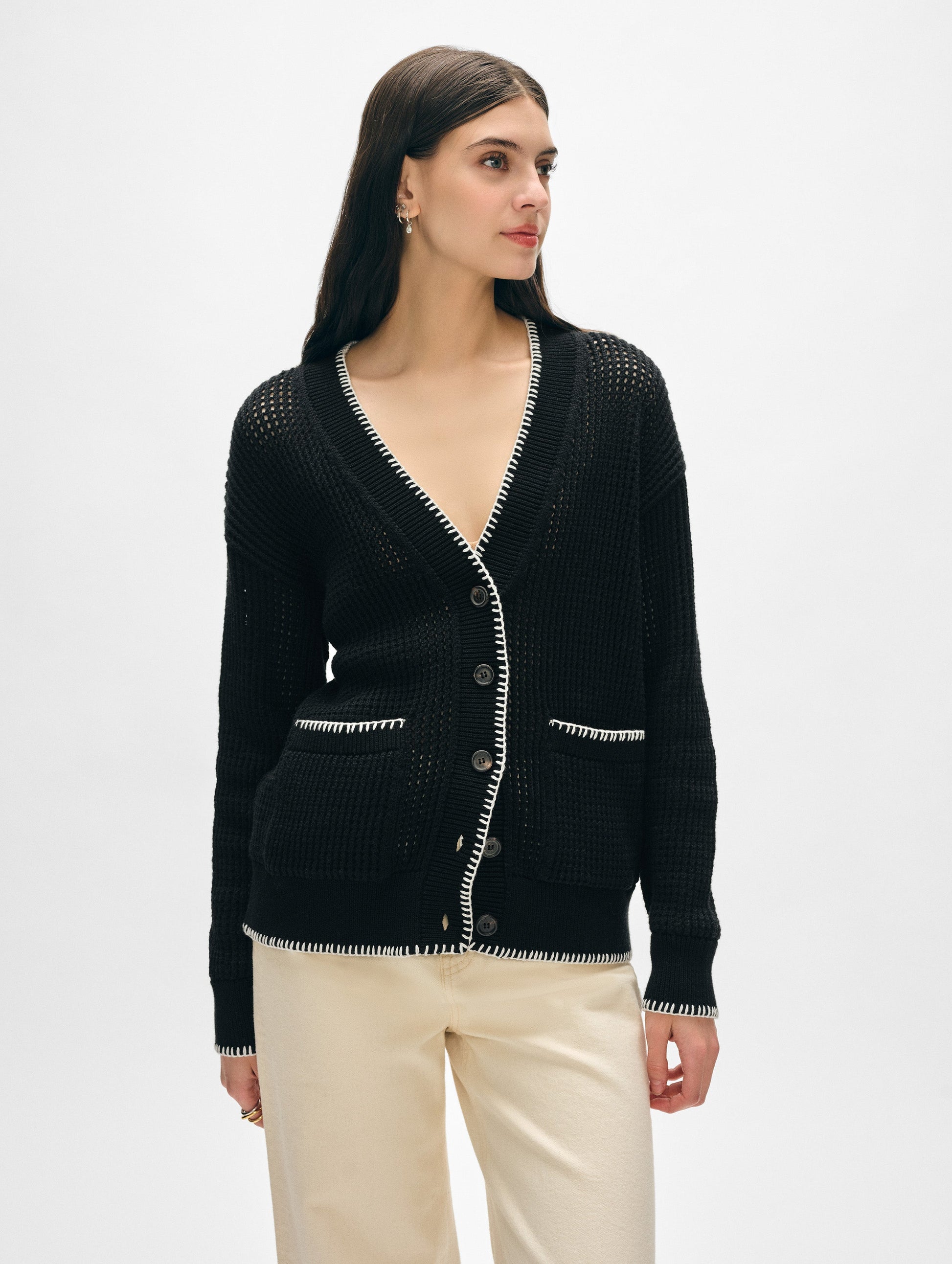Model wearing black cotton long button cardigan.