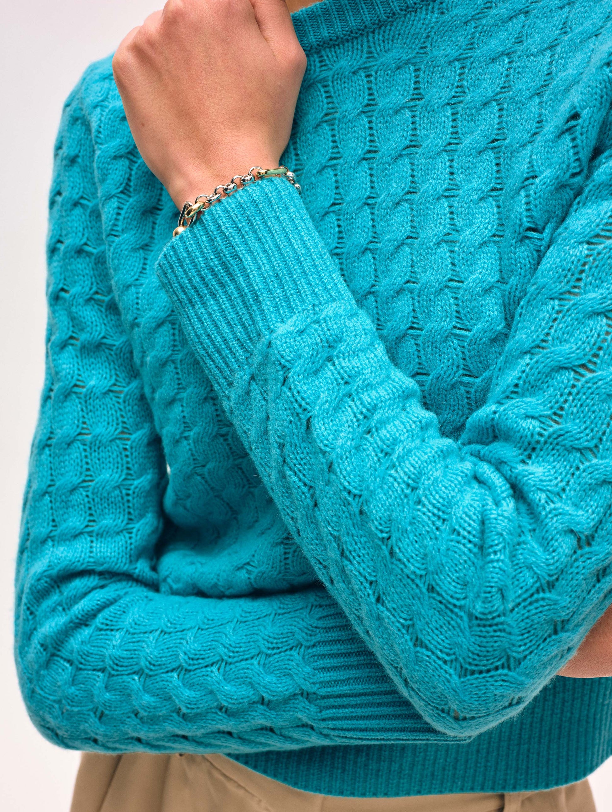 Cashmere Cable Crewneck - Turquoise Sea