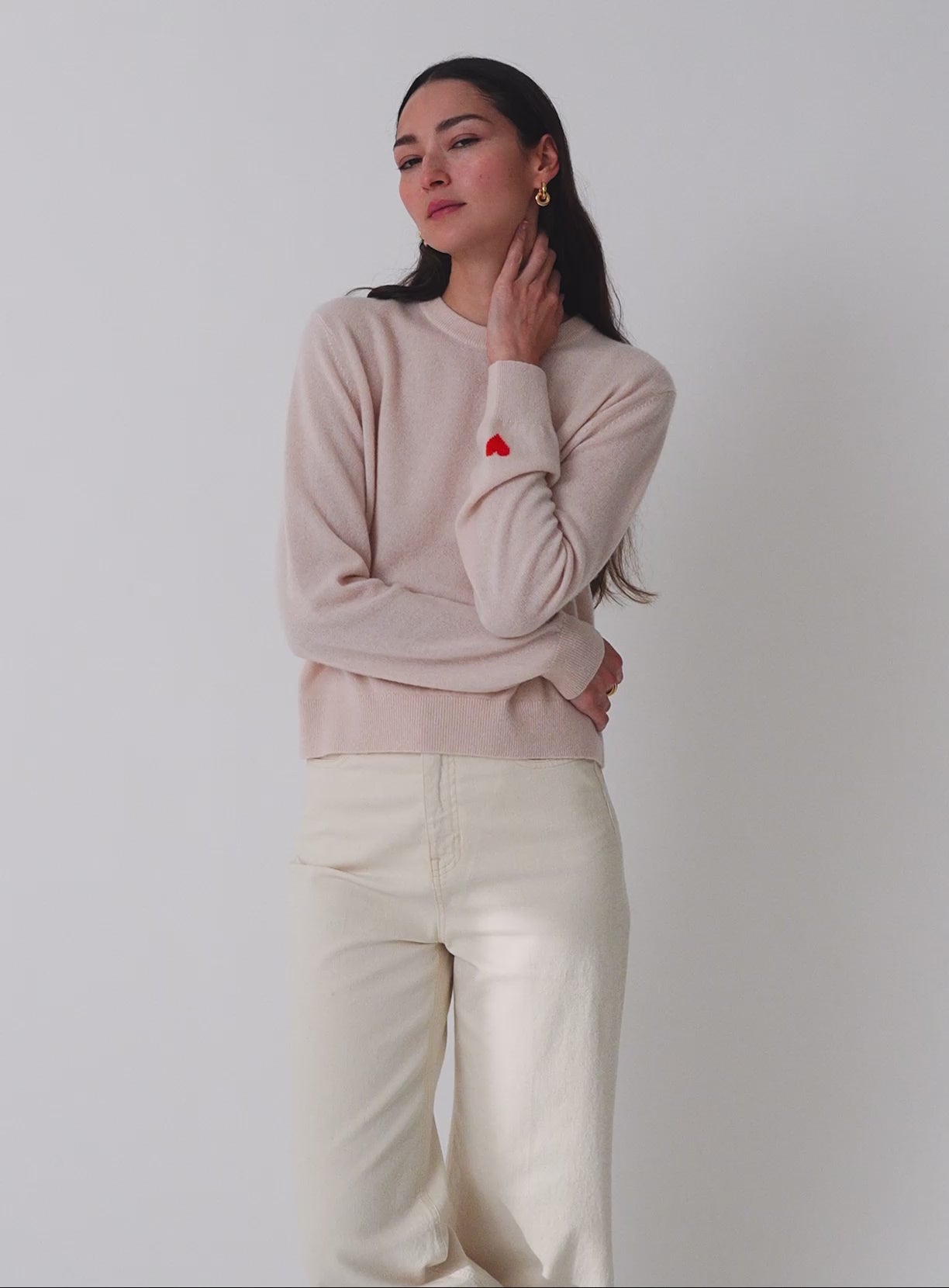 Cashmere Mini Heart Sleeve Crewneck