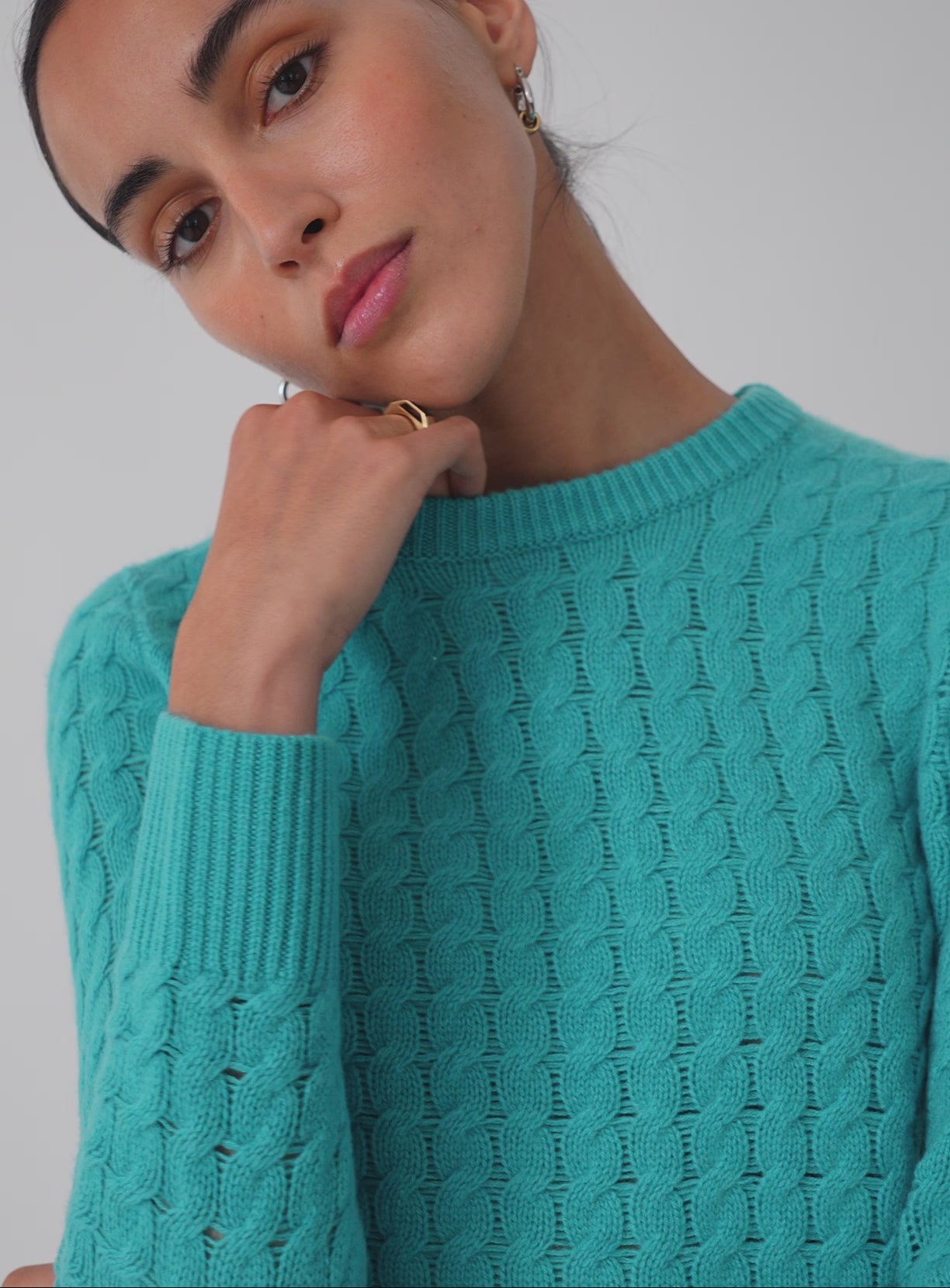 Cashmere Cable Crewneck - Turquoise Sea