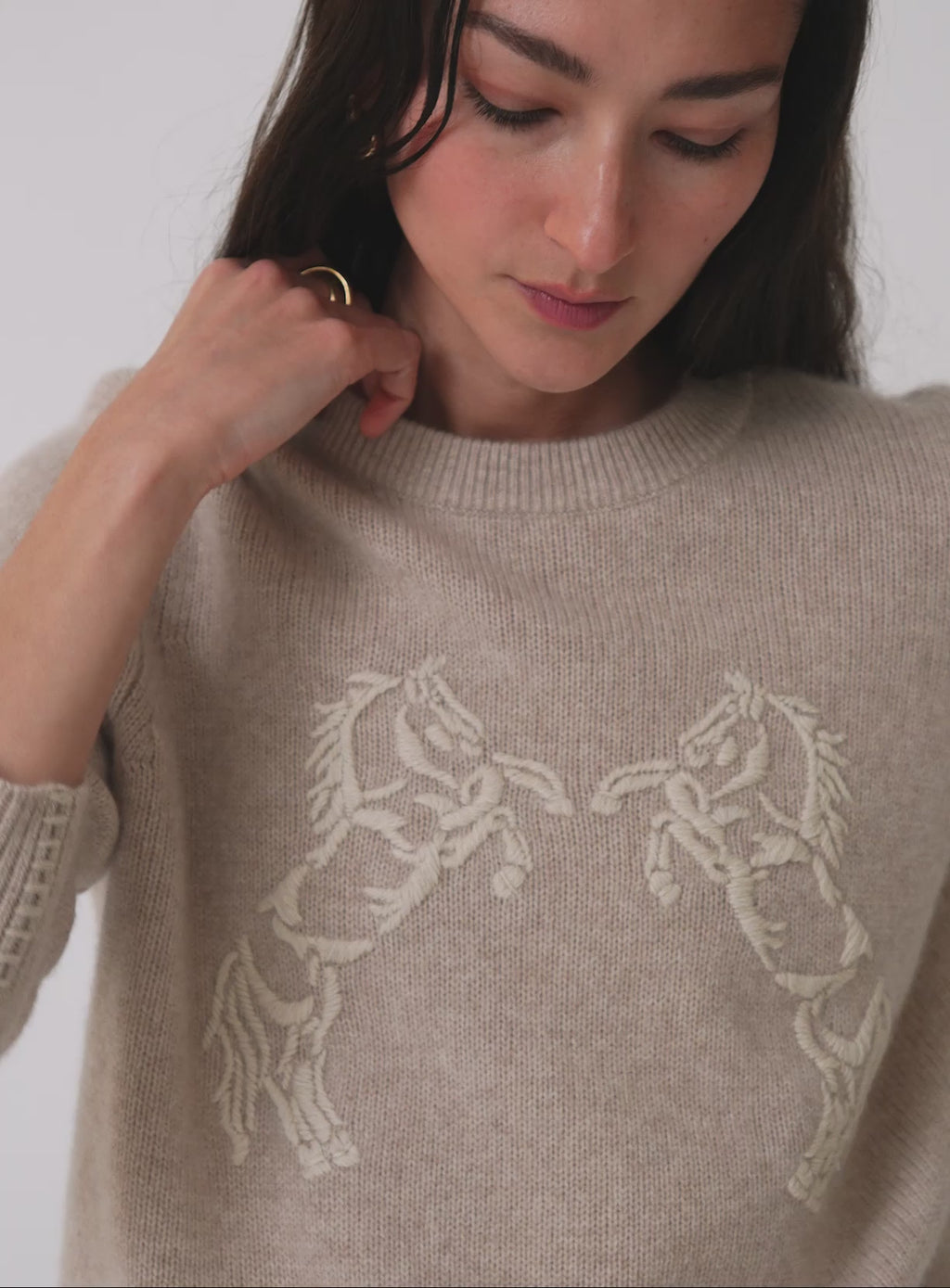 Cashmere Blend Horse Embroidered Crewneck